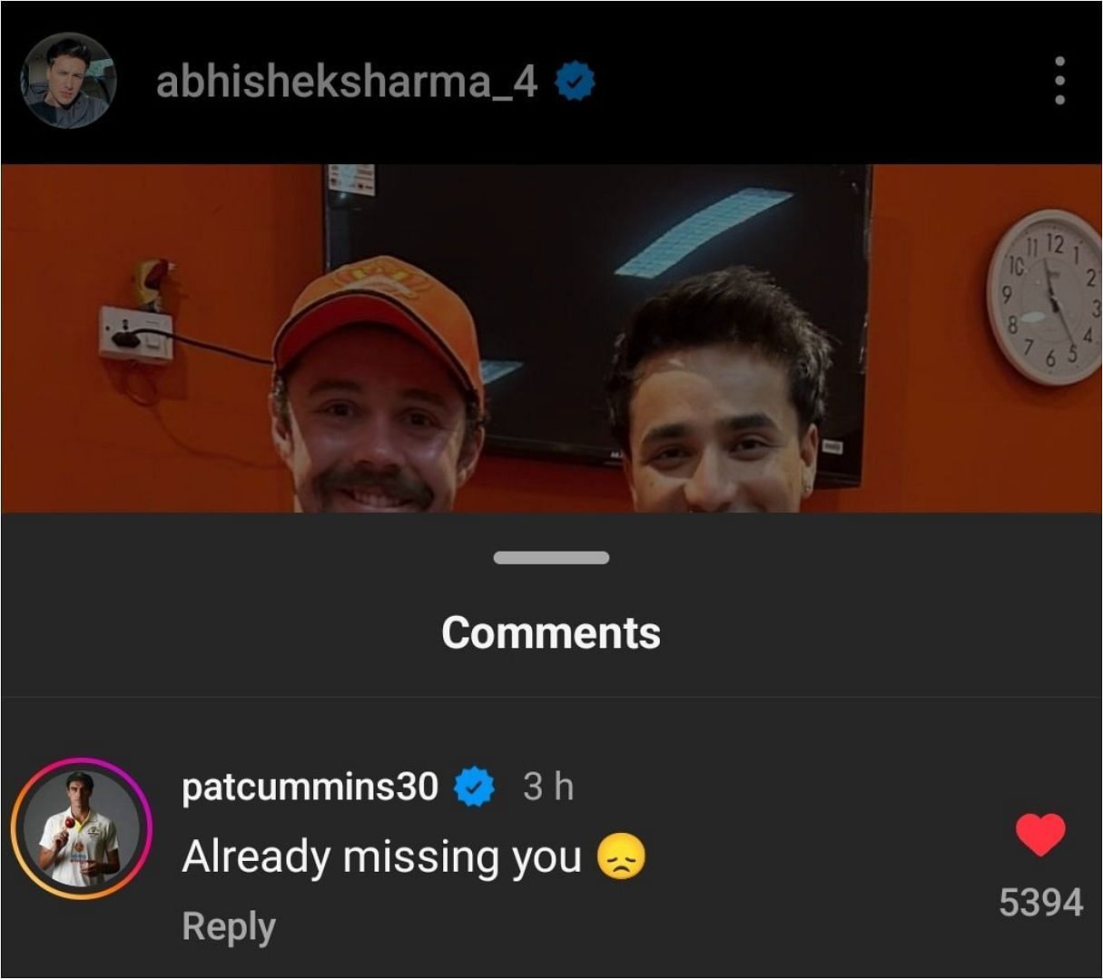Screengrab of Pat Cummins' comment on Abhishek Sharma's Instagram post